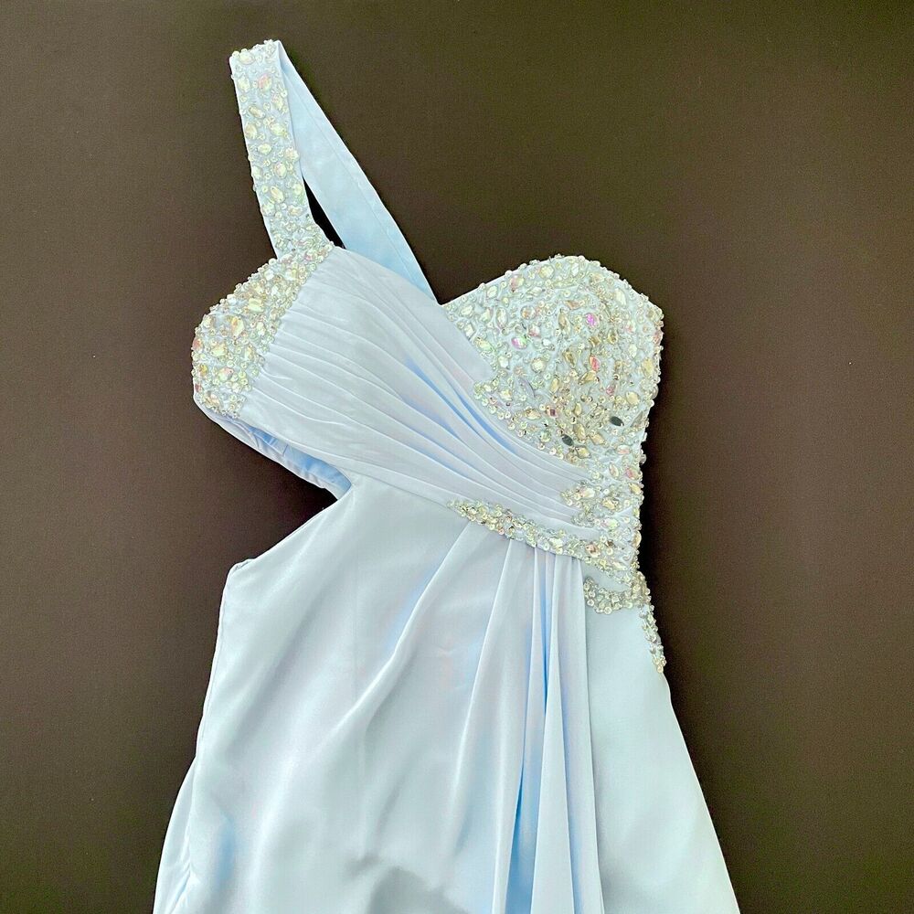 JJ's House 6 prom gown 1-shoulder chiffon beading sequin split sky blue cut-out - Picture 16 of 16